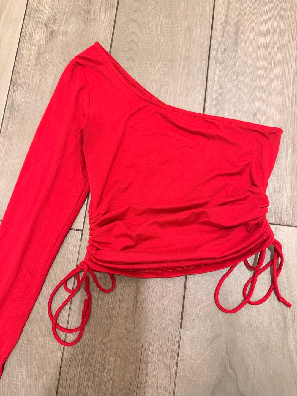 Ambiance Red One-Shoulder Ruched Drawstring Crop Top